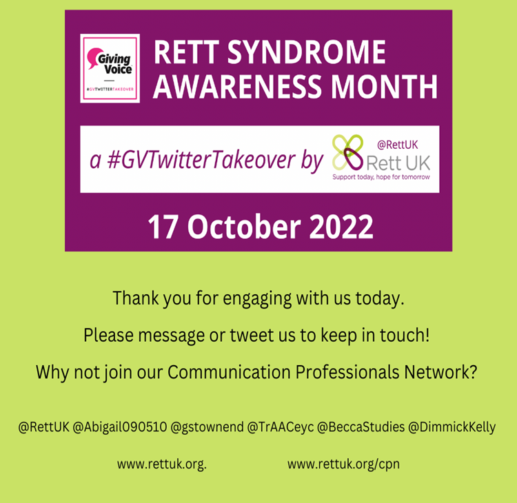 GivingVoiceUK's tweet photo. Thank you for engaging with the #RettUK #CommunicationAndEducationTeam today. If you want to become a #CPN member and continue the discussion around #RettSyndrome, or have any questions, get in touch. @RettUK @gstownend @Abigail090510 @TrAACeyc @BeccasStudies @DimmickKelly https://t.co/fk4idw121P