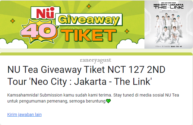 raneeyagust's tweet photo. @nugreentea done
Wish me luck
Pick me ayo, jadi one of one satu aja yu🥹
Doain aku boleh doain aku,
@ahnwana @kyaauw @yhoonkyu 🥹
#NUbarNCT127 Jaya Jaya Jaya
Habis ini jajan lagi kayanya hehe https://t.co/xh2W2tIGgN