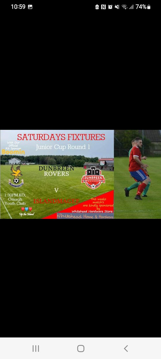 Saturdays fixtures: 

Cup games for both sides this week.  

As always, a massive thank-you to our main sponsor <a href="/boomin_UK/">Boomin</a> and also our matchday sponsor Whitehead Home and Hardware store. 

Up the Island 🔴🔵