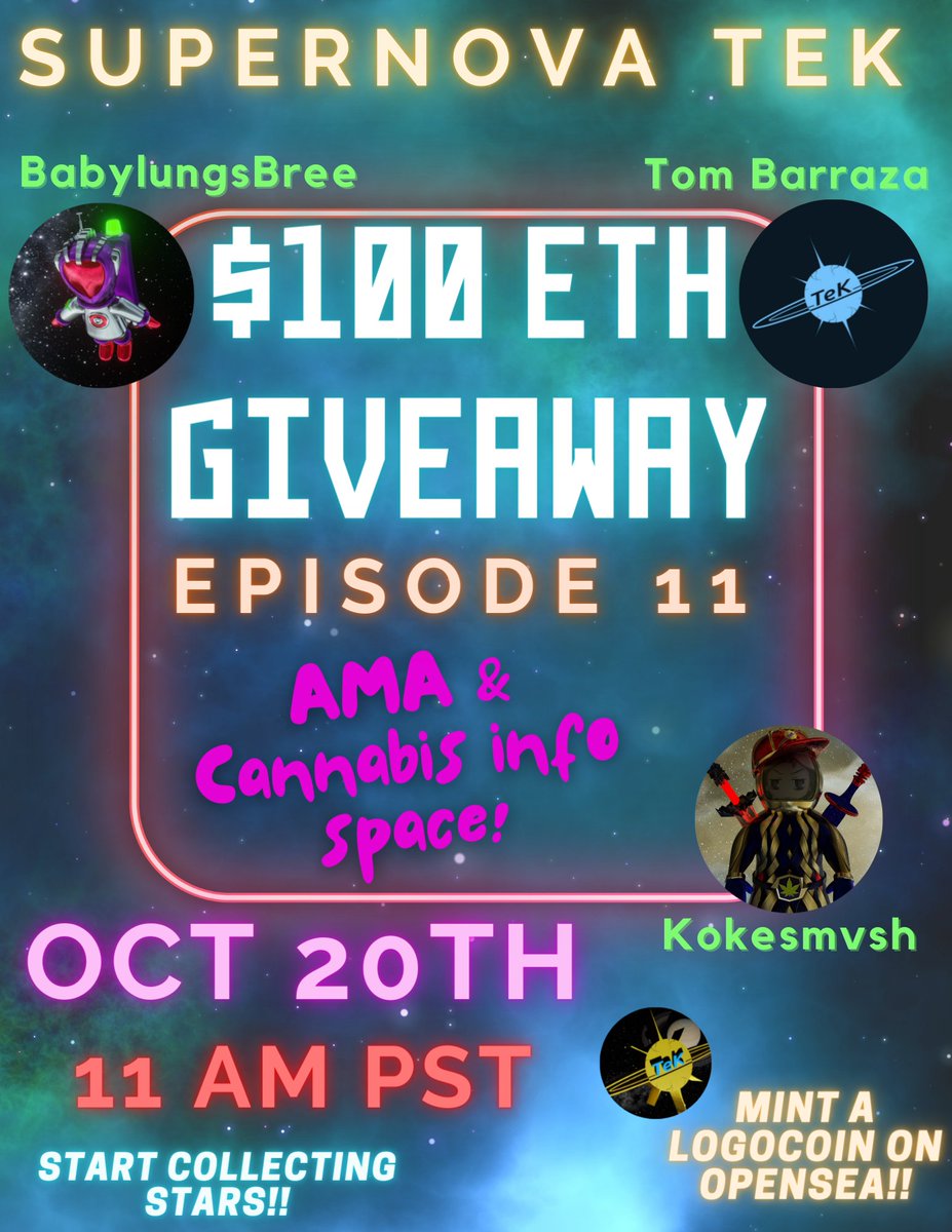 BabylungsBree's tweet image. Join @Supernova_TeK for the 11th episode of our AMA 🚀Giveaway space!!

🤑Must be in space to win
🤑Mint a Tier 0 NFT to start collecting stars ⭐️⭐️⭐️ opensea.io/collection/tie…
🤑Tag some frens who need $100 Eth

#SupernovaTek #NFTs #waterhash
Set reminder⏰