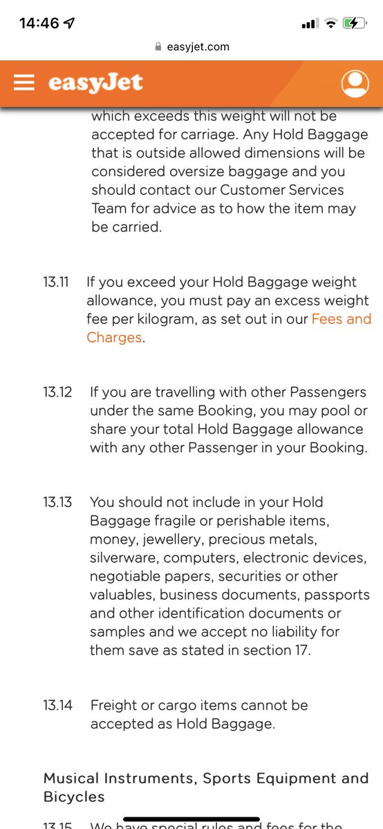 Jobo501's tweet photo. @easyJet just flown with a 23kg allowance and taken 2 items of hold luggage. Both combined weighed less than 23kg but was told would need to pay for another item of hold luggage as we only paid for 1 item. Just looked at your policy (attached) and it says we can pool. Confused https://t.co/ELWJwKuKcD
