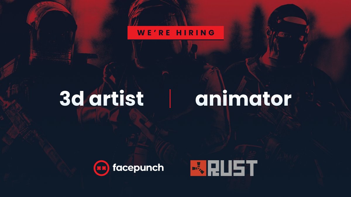 We're hiring! 📢

Looking for 2 talented people to join the Rust team! 

Open roles: 3D Artist, Animator 
Details here: buff.ly/3IDGLan 

More roles opening soon.