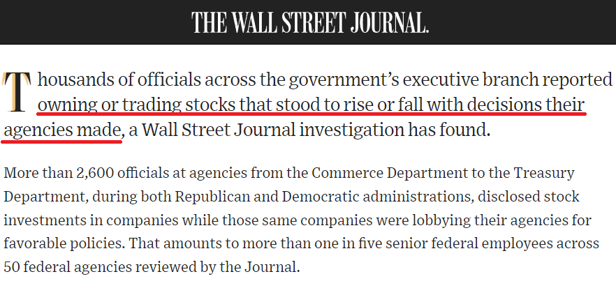 GrahamStephan's tweet photo. 🚨 Unbelievable  🚨

A Wall Street Journal report shows thousands of Federal officials trading stocks in companies they oversee.

- More than 2,600 officials flagged at EPA, FTC, DOD, etc.

- Precise trades made right before enforcement actions!

The game is rigged👇 https://t.co/V3uaSFprTS