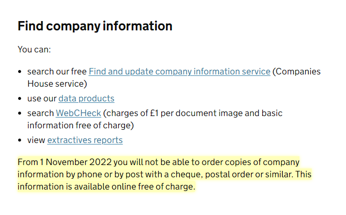 owenboswarva's tweet image. Update from @CompaniesHouse:

"From 1 November 2022 you will not be able to order copies of company information by phone or by post with a cheque, postal order or similar." gov.uk/government/org…

#digitalbydefault #digitaldivide