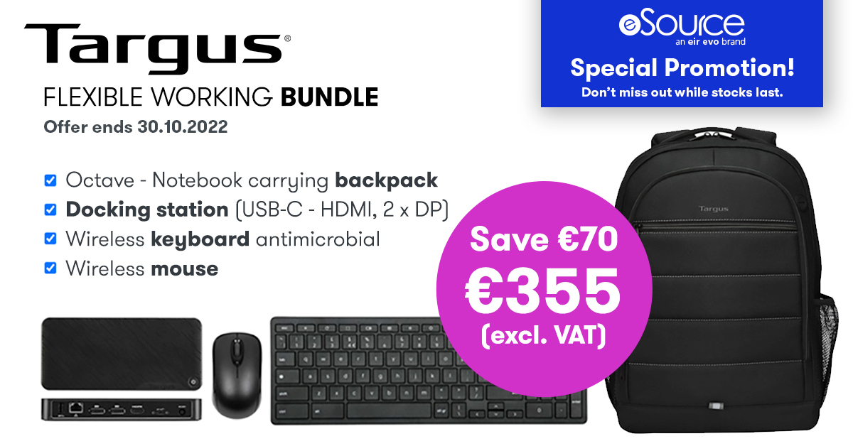 eSource_eir_evo's tweet photo. Make #hybridwork for you with the #Targus Flexible Working Bundle, only available with eSource! Perfect for #flexibleworking, deliveries are fast, direct and free across #Ireland! 
Get the full specs and details here: https://t.co/k9B8XTkfhq

Email: sales@esource.ie

#ICT https://t.co/AqZW015BrX