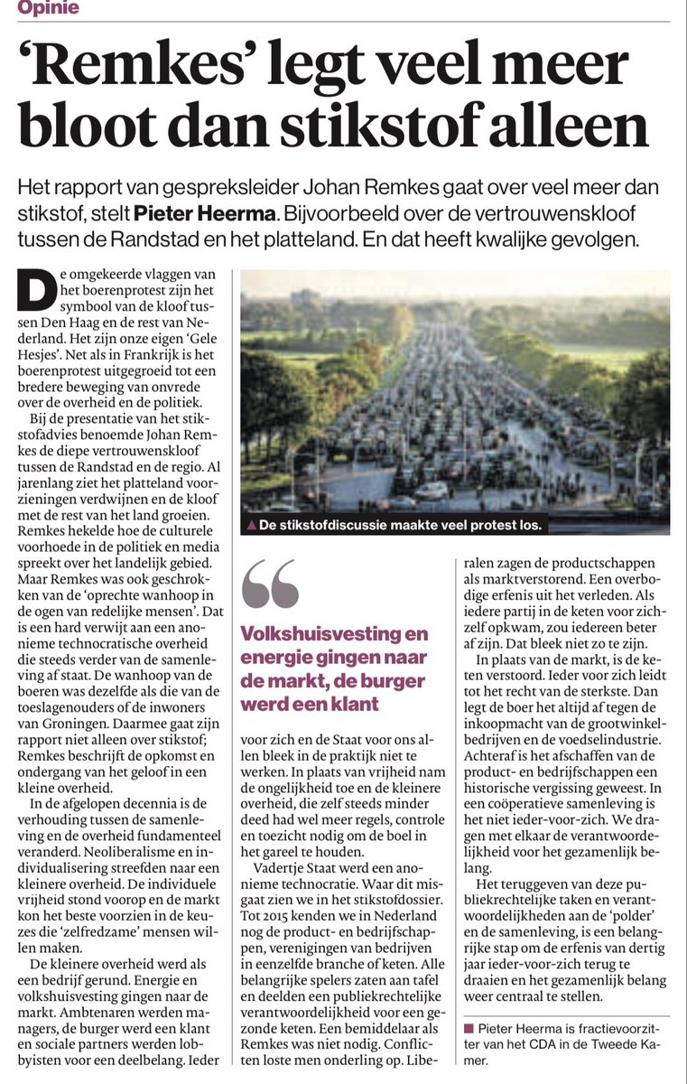Veel onrust is ontstaan doordat er geen structureel overleg meer is tussen sector en overheid. Dit was er in de tijd dat de productschappen er nog waren wel. Daarom was het CDA dan ook tegen de afschaffing destijds. 

Lees hier de opinie van collega Pieter Heerma 👇🏼