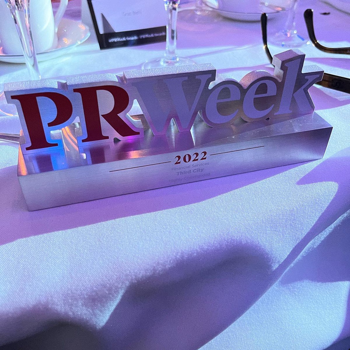 Third_City's tweet photo. The team @katemallett @grazbelli and @HenryWarrington had a great night at the @PRWeekAwards, picking up a highly commended in the Financial Services category for our #makemoneyequal campaign for @StarlingBank! #prweekawards #fintech https://t.co/UC7hJHEbql