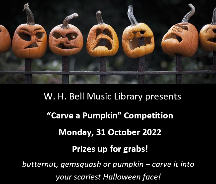 UCTMusicLib's tweet photo. Get your carve on with W.H. Bell Library. Carve a pumpkin/gemsquash/butternut or two in the comfort of your home, drop it off at the Music library and stand a chance to win. T&C's apply. #Halloween #uctlib #uct #music #mylibrary #Halloween2022 #getspookywithus https://t.co/6uPdnQcukM