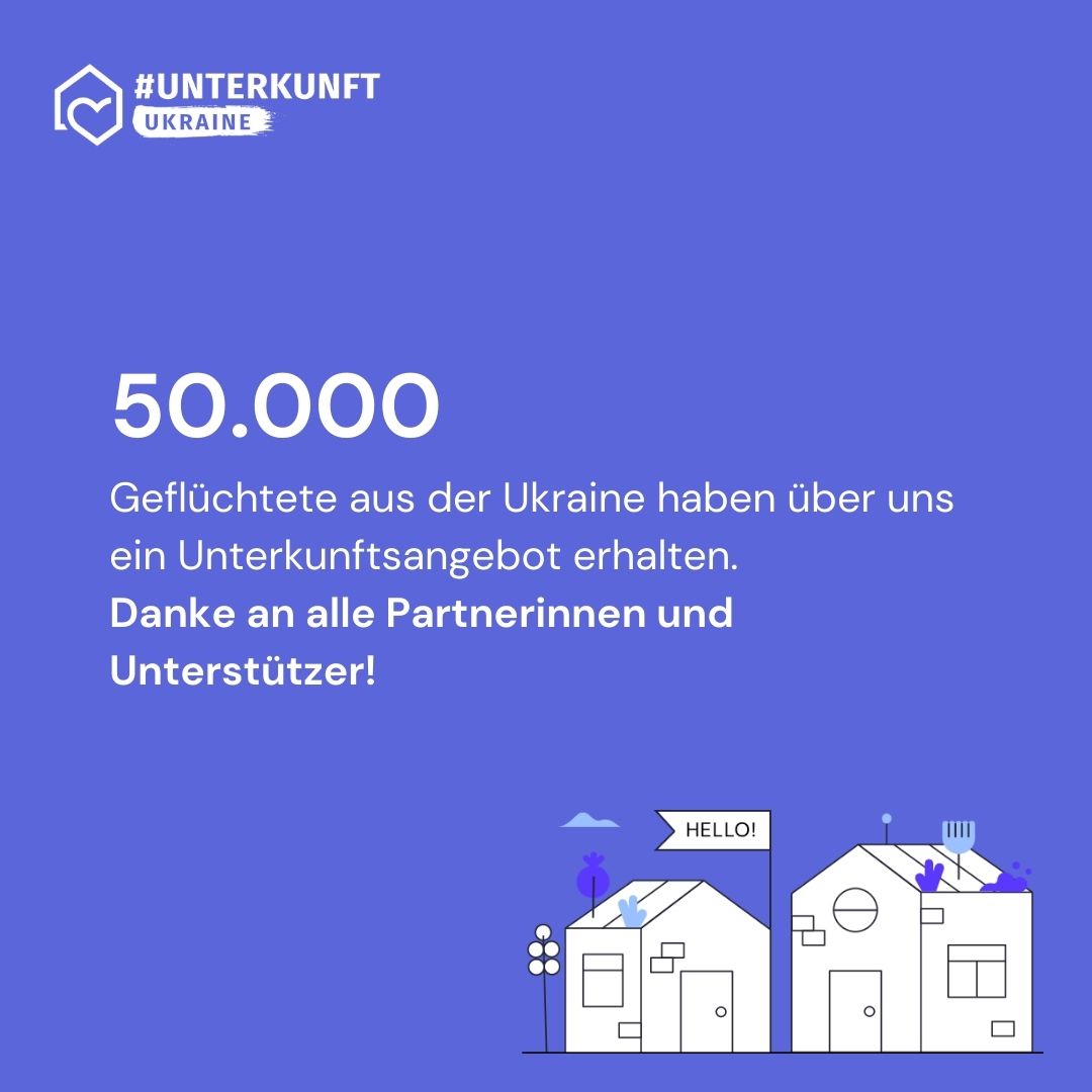 50 000. So viele Menschen, die auf der Flucht vor Krieg notgedrungen ihr Zuhause verlassen mussten, haben bisher ein Angebot privater Unterbringung über unsere Plattform erhalten. Möglich ist all das nur dank der richtigen Menschen und Partner*innen. Danke für euer Engagement!