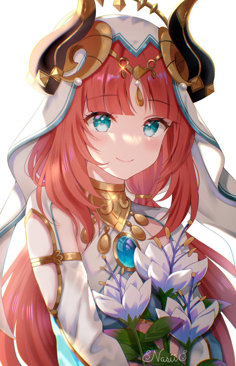 nilou (genshin impact) 1girl solo veil horns smile red hair flower  illustration images