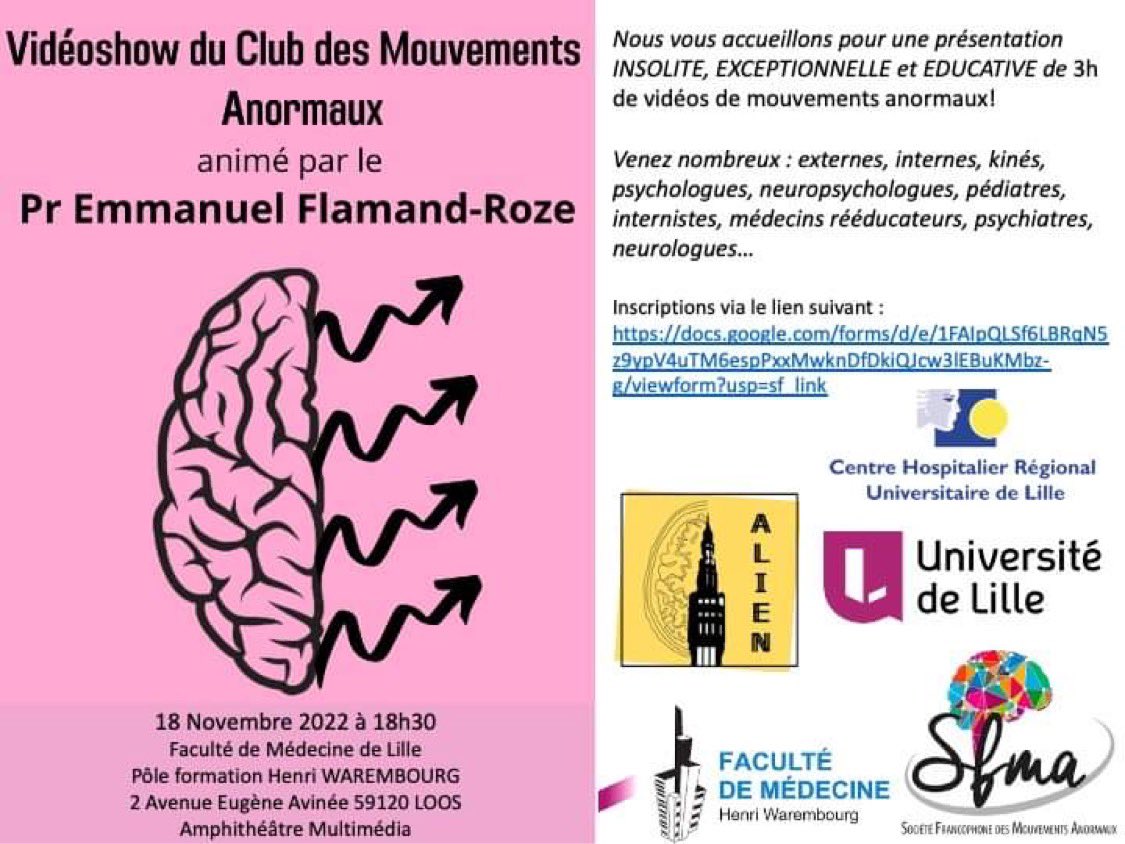 ALIEN_Neuro's tweet photo. ⚠️🚨INVITATION SOIRÉE CLUB DES MOUVEMENTS ANORMAUX LILLE🚨⚠️
18/11 à 18h30
Avec le Pr Emmanuel Flamand-Roze 🦩
(Inscription gratuite, lien ci-dessous)
Venez nombreux!
#TeamNeuroLille
@ANAINFrance @SOFMA_fr @CHU_Lille @medecine_Ulille @SFNeurologie @carolinemorea16 @Kaelig_Watel https://t.co/eJtJbiT2lq