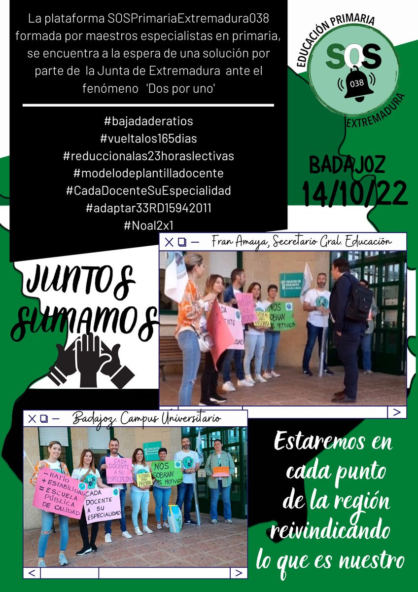 Seguimos 💪🏻 
#BajadaDeRatios
#VueltaDeLos165dias
#Reduccion23HorasLectivas
#ModelodePlantillaDocente
#CadaDocenteSuEspecialidad
 #adaptar33RD15942011 
#Noal2x1
<a href="/GFVara/">Guillermo Fdez Vara</a> <a href="/EstherGMoran/">Esther Gutiérrez</a>
<a href="/famayaf/">FranAmaya</a> <a href="/luzseijo/">M Luz Martínez Seijo</a> <a href="/Junta_Ex/">Junta de Extremadura</a>