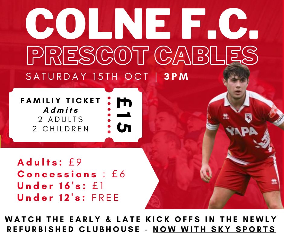 TOMORROW: We host Prescot Cables FC at Holt House.

Turnstiles open from 12:30

Leicester v Crystal Palace
Spurs v Everton

All live on our Big Screen, sandwiching a massive game for the reds as they look to carry on their good form.

colnefootballclub.com/single-post/ba…