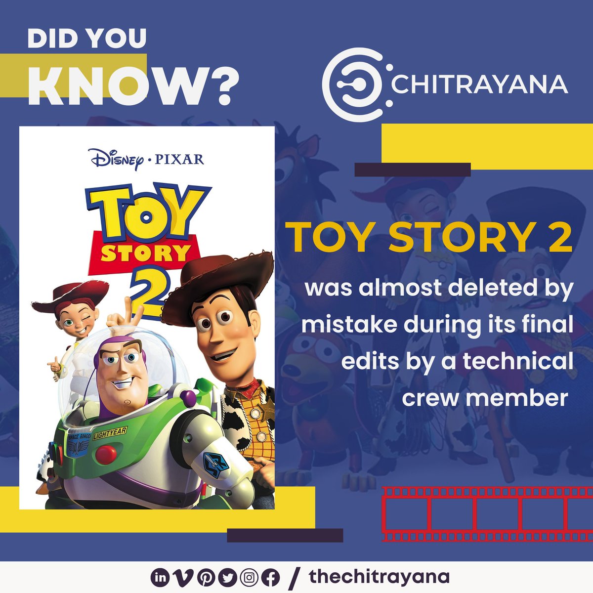 thechitrayana's tweet photo. #DidYouKnow - In 1998, #Pixar's #ToyStory 2 was almost deleted by a #technicalcrew member when he hit the wrong button &amp; the #movie files started disappearing during the final stage of the #movie making. 

@thechitrayana #thechitrayana #movies #Hollywood https://t.co/JNMiWsdzWG
