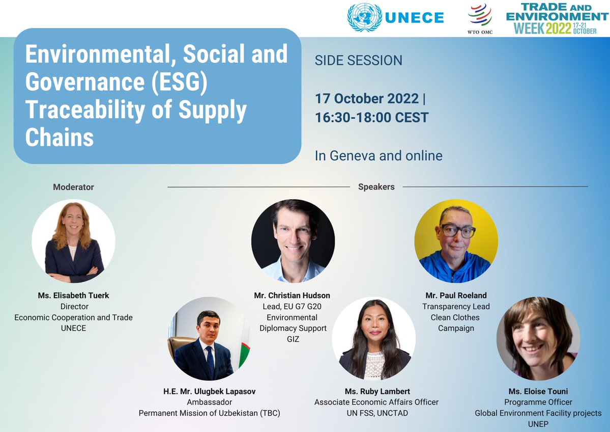 ElisabethTuerk's tweet photo. How can data tracking accelerate the shift towards #sustainable business models and consumption choices? 

Join @UNECE for a high-level session on #ESG traceability of #SupplyChains

📅17 Oct, 16:30
📍@WTO 

In-person: https://t.co/mRV59hh7P8  
Online: https://t.co/xWm4ipV7A3 https://t.co/BQrQ3u5pMH