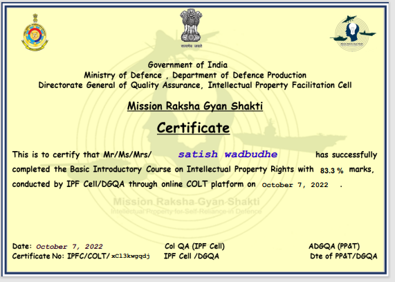 GmOfaj's tweet photo. GM OFAJ is pleased to share certificates of completion of BIC-IPR earned by Officers/Staff conducted by IPF cell/DGQA. #IPFC #MRG5, #DGQA , #CMD/YIL https://t.co/XSytGBn8KQ