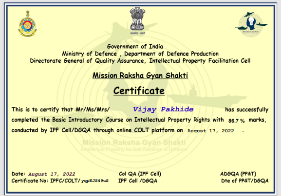 GmOfaj's tweet photo. GM OFAJ is pleased to share certificates of completion of BIC-IPR earned by Officers/Staff conducted by IPF cell/DGQA. #IPFC #MRG5, #DGQA , #CMD/YIL https://t.co/XSytGBn8KQ