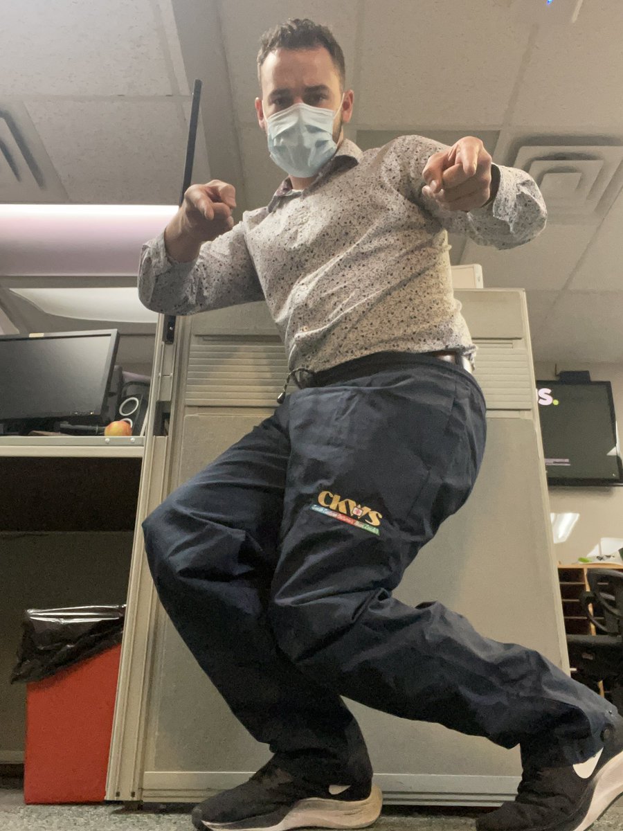 R_Peddigrew's tweet photo. On today’s episode of “Things found in desk drawers at @CKWS_TV” a pair of retro #CKWS rain pants. @CKWS_Maegen https://t.co/xXDbZxEod0