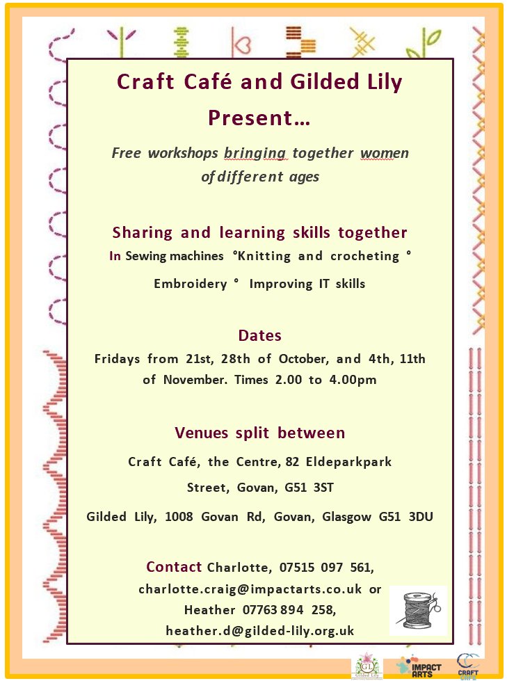 4-week program starting up in collaboration with the The Craft Café✂️🧶🪡This program will run on Fridays 2pm-4pm on 21st, 28th Oct &amp; 4th, 11th Nov, learn knitting, crochet, embroidery &amp; IT skills + more. Contact us to sign up! #govan  #g51events #craftcafe #WomenSupportingWomen