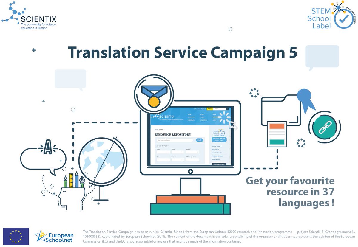 scientix_eu's tweet image. 💡Did you know that thanks to the #TranslationServiceCampaign 5 your favourite #Scientix resource can be translated into 37 languages? 

⏰Hurry up! 

➡️Log in to the Scientix platform,
📚Select a resource, 
🖱️Choose a language(s)!

Read more: bit.ly/3BAQgEd