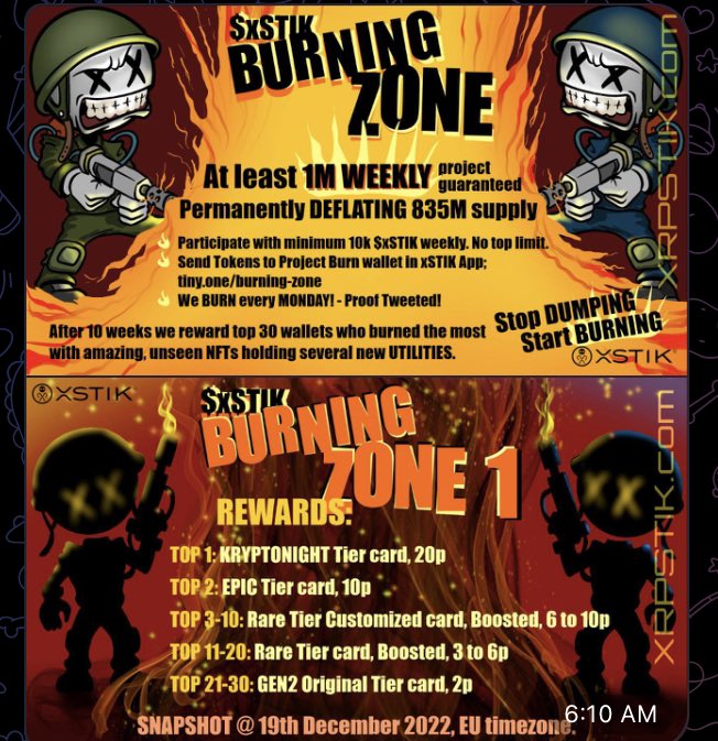 TattedApeXRPL's tweet photo. BURN ZONE BABY! A community drivin idea! Burn tokens to win boosted NFTs! Even if u don’t participate this help ALL HOLDERS! Supply goes down, demand goes up!  #BURNZONE #xSTIK https://t.co/aVQu5Wy0HI