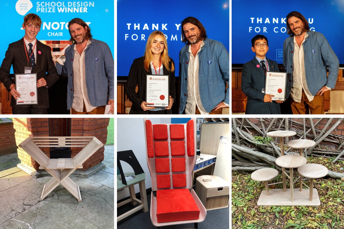 FurnitureMkrsCo's tweet photo. Winners of our School Design Prize were invited to the #YFMexhibition (12 October) to vie for the national prize.⁠ The winners were:⁠
⁠
1st place: Jim Notcutt for his Chair⁠
2nd place: Yasmin Fryer for the Neurodiverse chair⁠
3rd place: Eita Araki for the Mushroom table ⁠ https://t.co/JFVquVfBzj