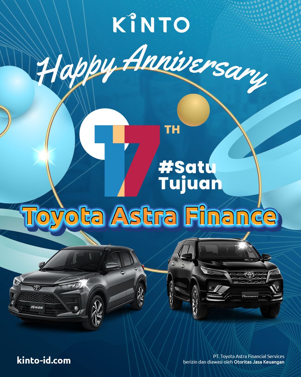 Kinto_Indonesia's tweet photo. Kinto Indonesia mengucapkan Happy Anniversary ke-17th untuk @taf_indonesia
Semoga dapat selalu berkomitmen dan #SatuTujuan memberikan produk dan layanan yang terbaik π
#KintoIndonesia #KintoID #BebasRibet #MobilitasTanpaBatas #KintoinAja https://t.co/gz8OJI6Cxj