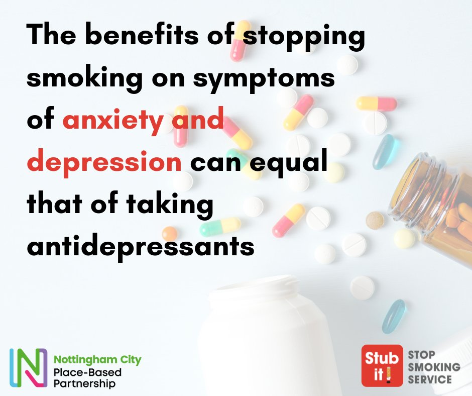 NCGPANottm's tweet photo. There is evidence that the benefits of stopping smoking on symptoms of anxiety and depression can equal that of taking antidepressants. 

#Stopsmoking support is available in #NottinghamCity: https://t.co/f4KHNFe33C or https://t.co/bmBwYZrlWT

#Stoptober #Stubit22 #NottmCityPBP https://t.co/TPwdNdaXrk
