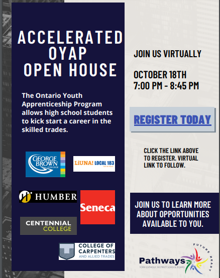 StRobertCHS's tweet photo. Another great program offered by the YCDSB. Learn more at the Accelerated OYAP Open House. Click the link to register.
https://t.co/VvLqC60J2u https://t.co/ky57Oa2CUY