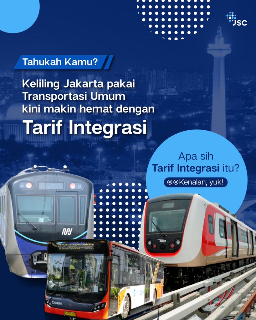 jkt_smartcity's tweet photo. Smartcitizen, sudah pada tau belum apa itu Tarif Integrasi?����

#JakartaSmartCity #JakLingko #Transjakarta #TiJe #MRT #LRT #PublicTransportation #TarifIntegrasi #JakartaKolaborasi https://t.co/p58Z2EFzFw
