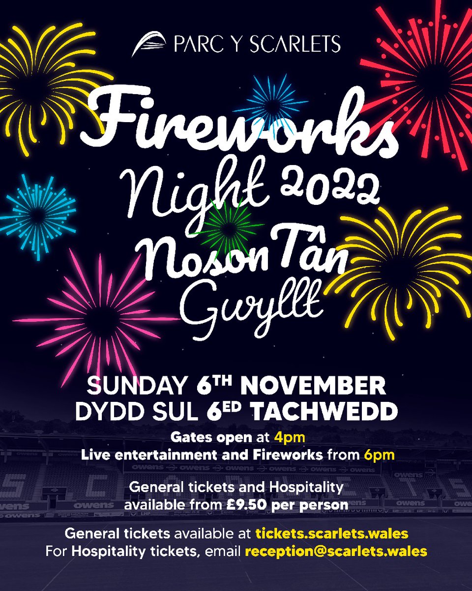 Remember to get your tickets for our Fireworks Night at Parc y Scarlets ✨

📆 Sunday, Nov 6th
🎤 Live entertainment, food, and fairground rides
🍽️ To book hospitality contact reception@scarlets.wales
🎟️ bit.ly/3TnaZTm

Tân Gwyllt ym Mharc y Scarlets ar 6ed o Dachwedd ✨