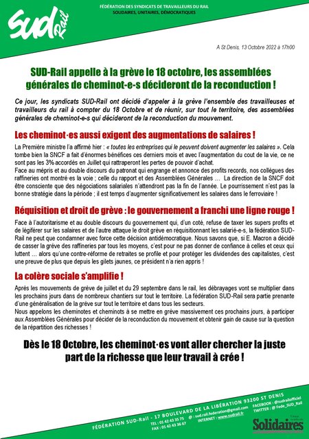 🚨La Fédération SUD-Rail appelle les cheminots à la grève et à poser les DII sans remise à disposition. Les cheminots décideront en assemblée générale des suites du mouvement !!💥💥