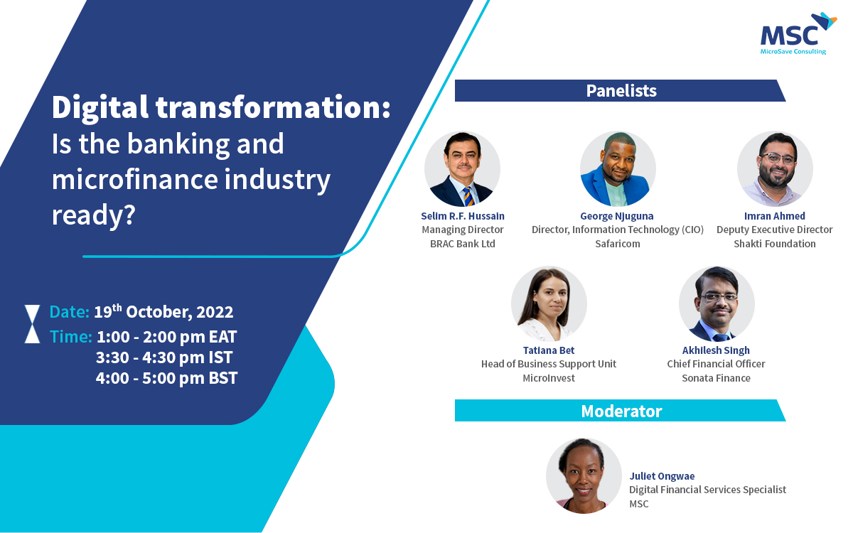 MicroSave's tweet photo. Digital transformation: Is the banking and microfinance industry ready?

Join our webinar to learn about

•Digital transformation strategy &amp; framework
•Data privacy &amp; consumer protection
•Regulators’ role in supporting digital transformation

Register👉https://t.co/4XMK4hVlPG https://t.co/LtpcmQOi8j