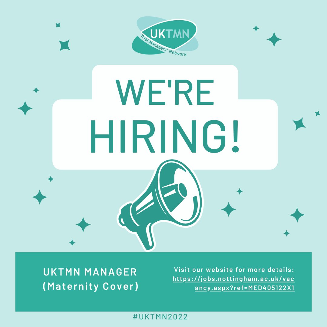 UKTMN's tweet image. We're hiring! We have a vacancy open for someone enthusiastic to manage the #UKTMN, a thriving, growing network of over 1000 trial managers.
Looking for maternity cover, see the advert linked below for info or get in touch! 
Please share! 
#UKTMN2022

jobs.nottingham.ac.uk/vacancy.aspx?r…