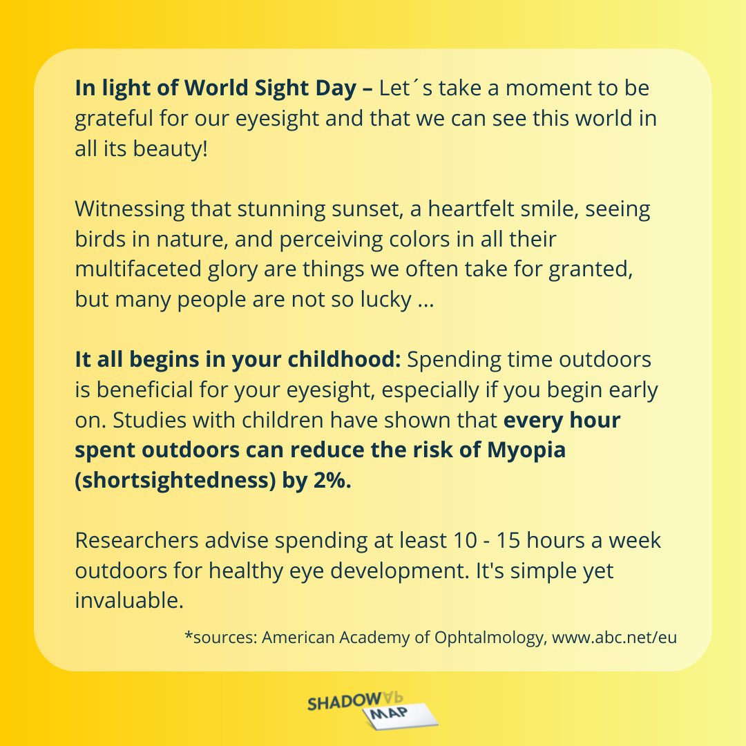 shadowmap_org's tweet photo. 🌤 In light of World Sight Day - Did you know that spending time outdoors in the Sun is beneficial for your ocular health?
Find out more 🙌🏻
#worldsightday #ocularhealth #myopiamovement #sunbenefits #healthyliving #didyouknow https://t.co/cLbZWZ4pz2