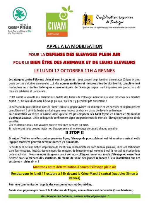 ✊ [MANIFESTATION] ✊

Tous mobilisés LUNDI 17 octobre à Rennes pour la défense des élevages plein air 🐖🐓

#onlacherien