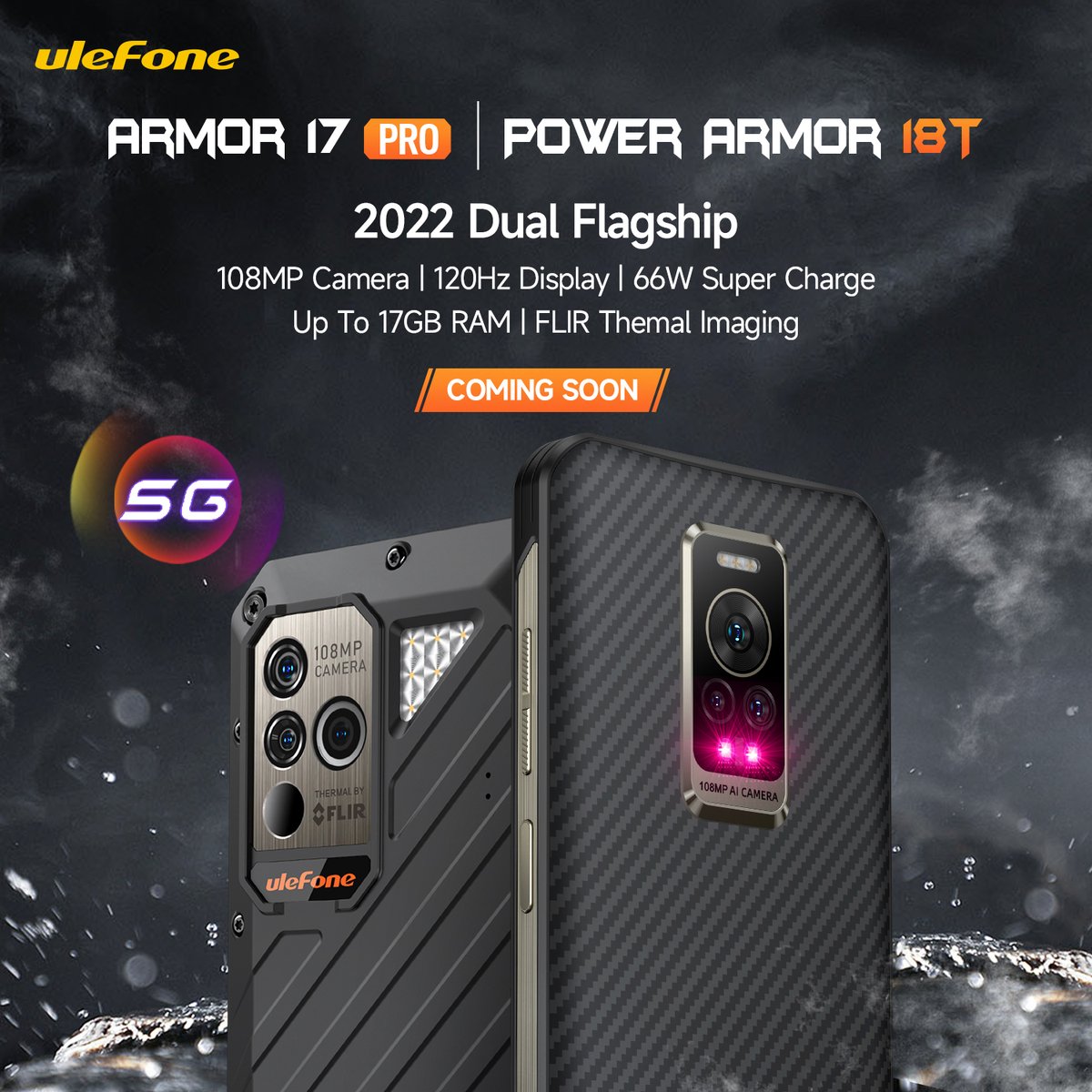 UlefoneMobile's tweet photo. Our dual flagship of the year is coming! #UlefoneArmor17Pro #UlefonePowerArmor18T 

✅ 108MP Thermal Imaging Camera System
✅ 120Hz Ultra Smooth Display
✅ 66W SuperCharge
&amp; Stay tuned.

Learn more and join GIVEAWAY🎁 https://t.co/GcoXkScr0Z https://t.co/QrE274jMdz