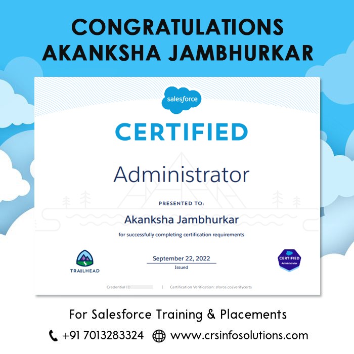 Hearty Congratulations to our student Akanksha Jambhurkar. All the very best to future endeavours. For Salesforce training and certification preparation, please enroll in our free demo class.

Phone: +91-7013283324
Website: crsinfosolutions.com
#salesforcecertified
#salesforce