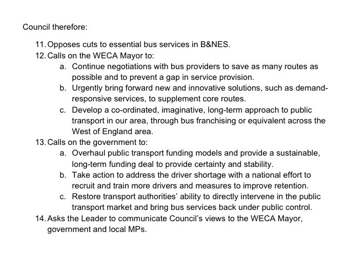 At last night’s <a href="/bathnes/">B&NES Council</a> Full Council meeting, we were happy to support a motion condemning the recent cuts to bus services across the district. 

We were clear, however, that the Lib Dem administration needs to do more to hold <a href="/WestofEnglandCA/">West of England Mayoral Combined Authority</a> to account.

Full text of motion 👇