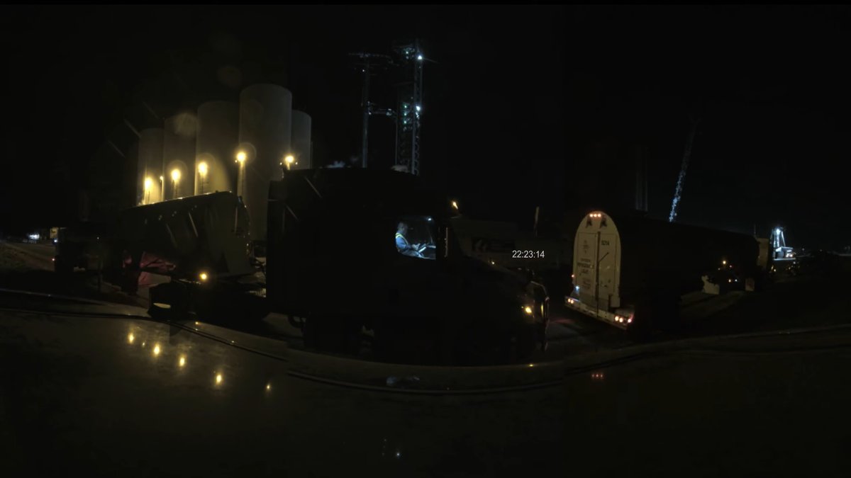 VickiCocks15's tweet photo. 13 Cryo trucks either offloading, waiting to offload, or (2nd picture) parking right in my view of the #OTF for their "rest time". #SpaceX had 14 deliveries over night (so far) down at #Starbase #LaunchComplex. @LabPadre #VRCam https://t.co/wpoWbfDBRE
