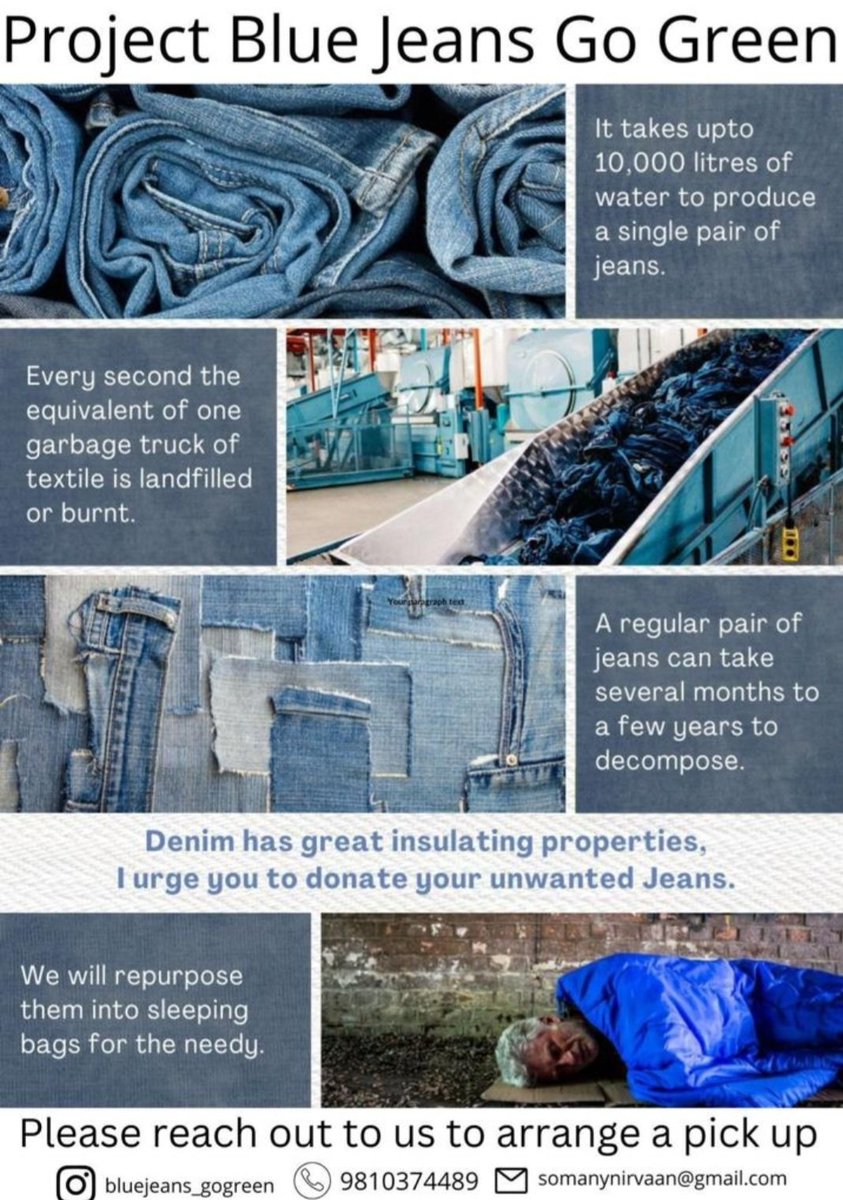 drsangitareddy's tweet photo. In a time where the world has collectively faced uncertainty, proj "Blue Jeans Go Green" has been able to offer consumers inspiring actionable ways to make positive changes together for the #enviroment &amp; needy.
let's promote repurposing our unwanted #denims
#sustainability https://t.co/zEZySasnXf