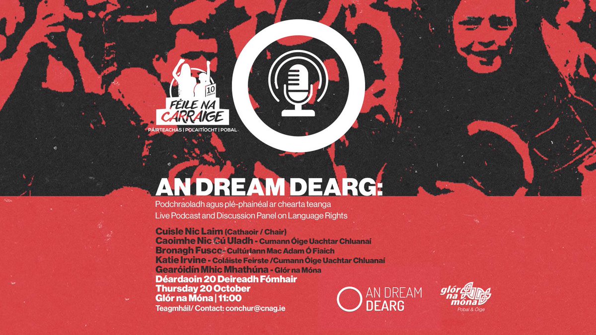 dreamdearg's tweet photo. 🎉 Tá @dreamdearg ag dúil go mór le seoladh #FéileNaCarraige de chuid @GlorNaMona ar 1pm inniu agus iad ag ceiliúradh 10 mbliana
I mbliana, roghnaíodh #dearg mar théama chun dlúthpháirtíocht agus tacaíocht a léiriú leis an fheachtas leanúnach ar son chearta teanga ✊⭕️
BRÓDÚIL! https://t.co/tOauxxbcsy