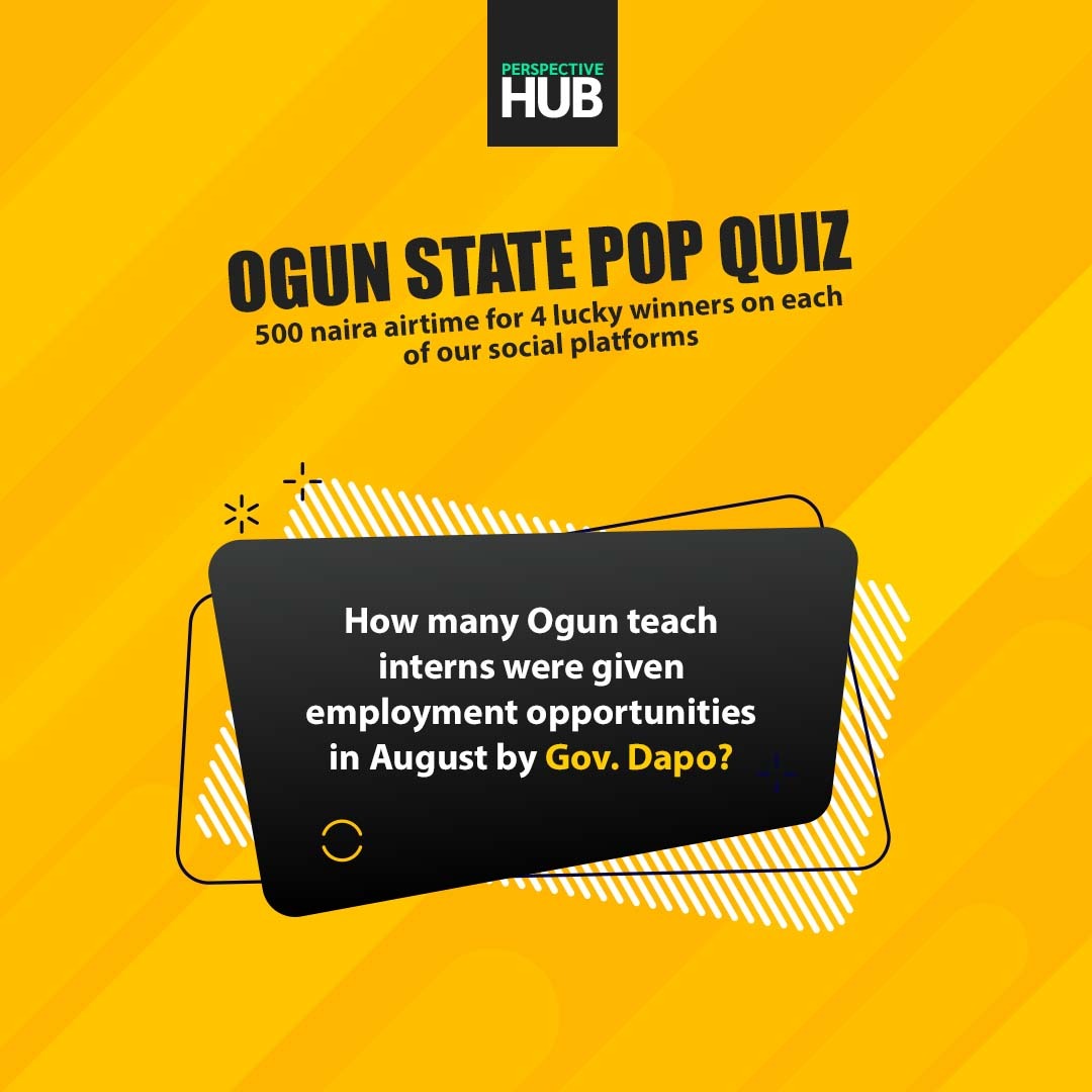 Perspectivehub_'s tweet photo. Pop Quiz!

How informed are you on the current happenings in Ogun state. 

A winner with the correct response chosen at random will be gifted 500 naira airtime. 

#Ogunstate #GovDapo https://t.co/iAnS0Q7H7X