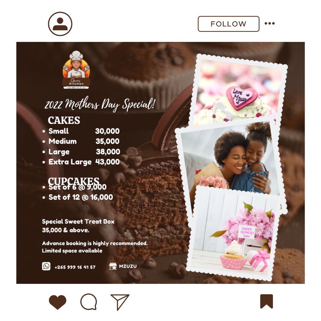 gdcmalawi's tweet photo. Mothers day Ad for Grace's Kitchen
WhatsApp: +265 999 16 41 57
#bufffet #weddingsnacks #cupcake #drumstick #samoosa #meatball #weddingcake #caketable #cakestand #cakebox #gracekitchen #gdcmalawi #expansionwithnolomits #marteting #branding #businiesdevelopment https://t.co/AWOoP32XAZ