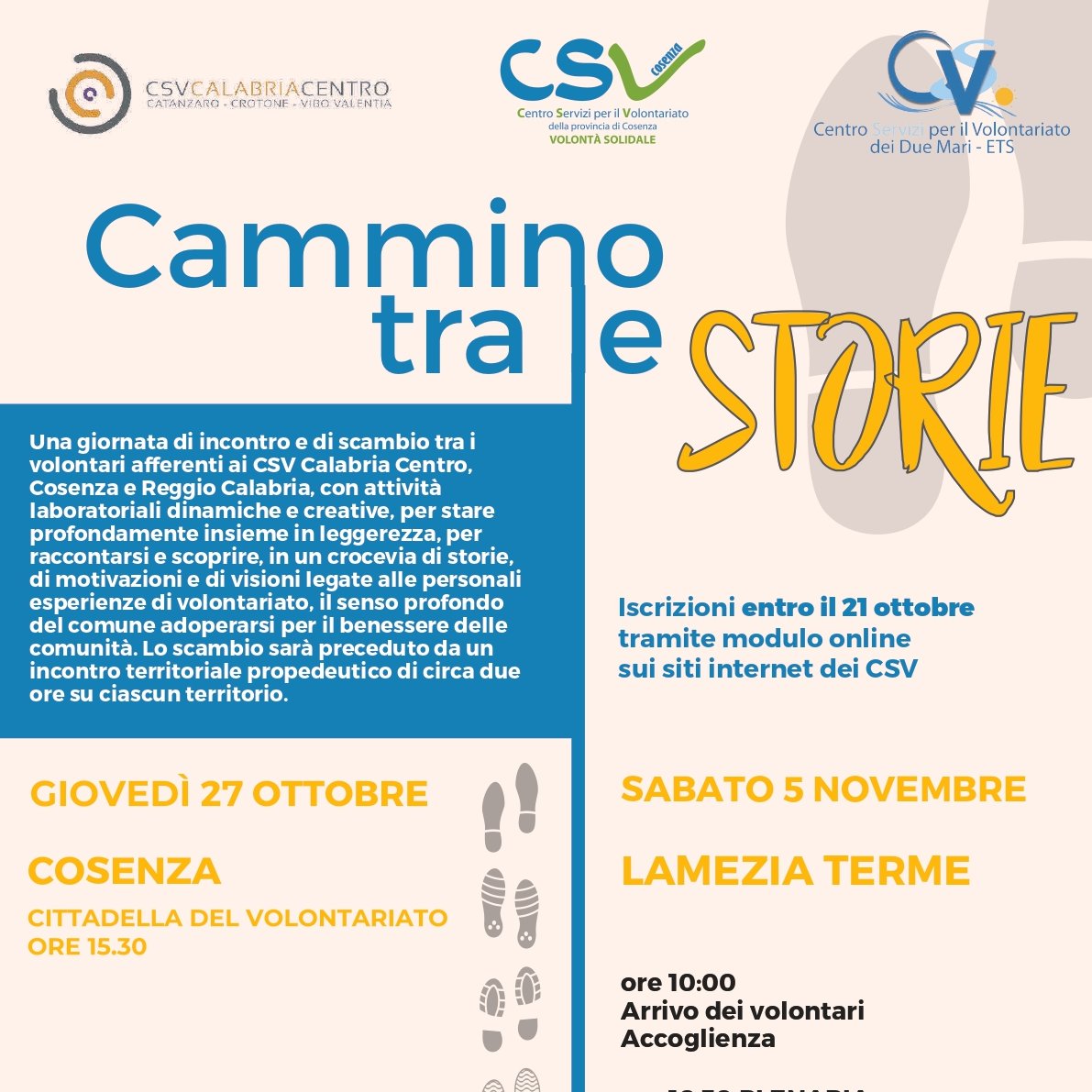 csvcosenza's tweet photo. Sei pronto a camminare tra le storie di altri volontari calabresi?
Partecipa a "Cammino tra le storie"!
Quest'anno l'evento vede tutti i CSV della regione coinvolti: CSV Cosenza, CSV Calabria Centro e Centro Servizi per il Volontariato dei Due Mari.
Info👉 https://t.co/1AfoGACrR8 https://t.co/yTtEajnrHZ