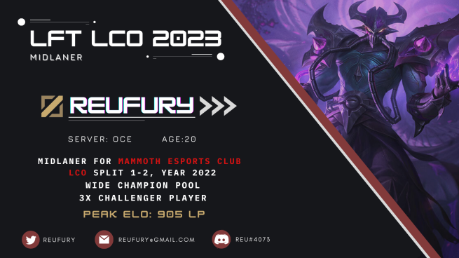 Mid Lane LFT 

Still Contracted to <a href="/MAMMOTH_OCE/">DNS MAMMOTH ESPORTS CLUB</a> until November, they have allowed me to explore opportunities for 2023.
Passionate player and primed to improve.🫡
DM's open.
Likes and Retweets are very appreciated! ❤️