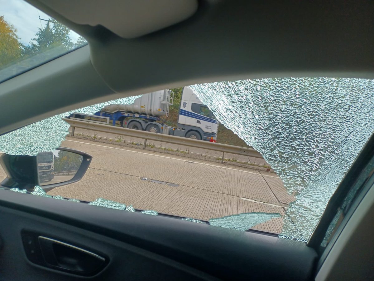 DJPhoenixUK's tweet photo. Yesterday was fun… window went bang whilst doing 70mph down the dual carriageway. Please don’t panic, im fine, car is fine, scared the shit out of me though, not gonna lie 😂 #whatamonth (yes I was safely stopped in a lay-by when I took this) https://t.co/IWzeQe6bSl
