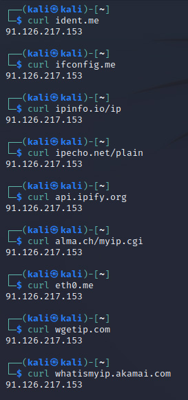 Para saber tu IP en línea de comandos:

curl ➡️

whatismyip.akamai.com

ipecho.net/plain

api.ipify.org

alma.ch/myip.cgi