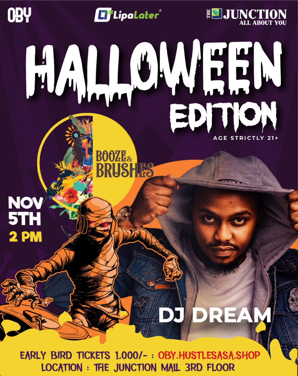 OBYAfrika's tweet photo. our superstar lineup featuring  @Fena_menal @CNGtheDJ &amp; @djdreamkenya Sultan and Amara Tari🥳 Vibes on vibes on vibes! #YKTV
Early bird tickets going for 1000bob! Get yours now on the #linkinbio 😎 #boozeandbrushes #halloweenedition https://t.co/henHal3atS
