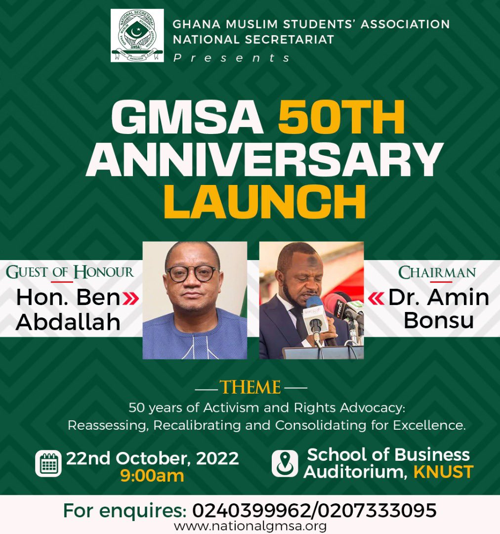 gmsa_official's tweet photo. Assalamu Alaikum Wa Rahamtullah 🔊

It is here, let's do it best together. 
50 years ago our forebears visioned together to do right, we are fifty and flying this October 🎊🎉

Contact us if you an alumni and interested in sharing your GMSA story.

#gmsawillbegreat
#ghanamuslims https://t.co/IfWs7PWOY8